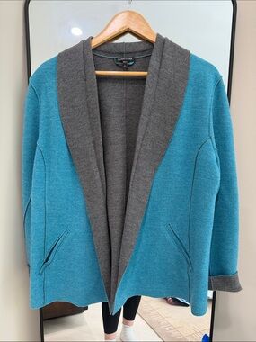 Eileen Fisher Teal and Gray Open-Front Shawl Cardigan